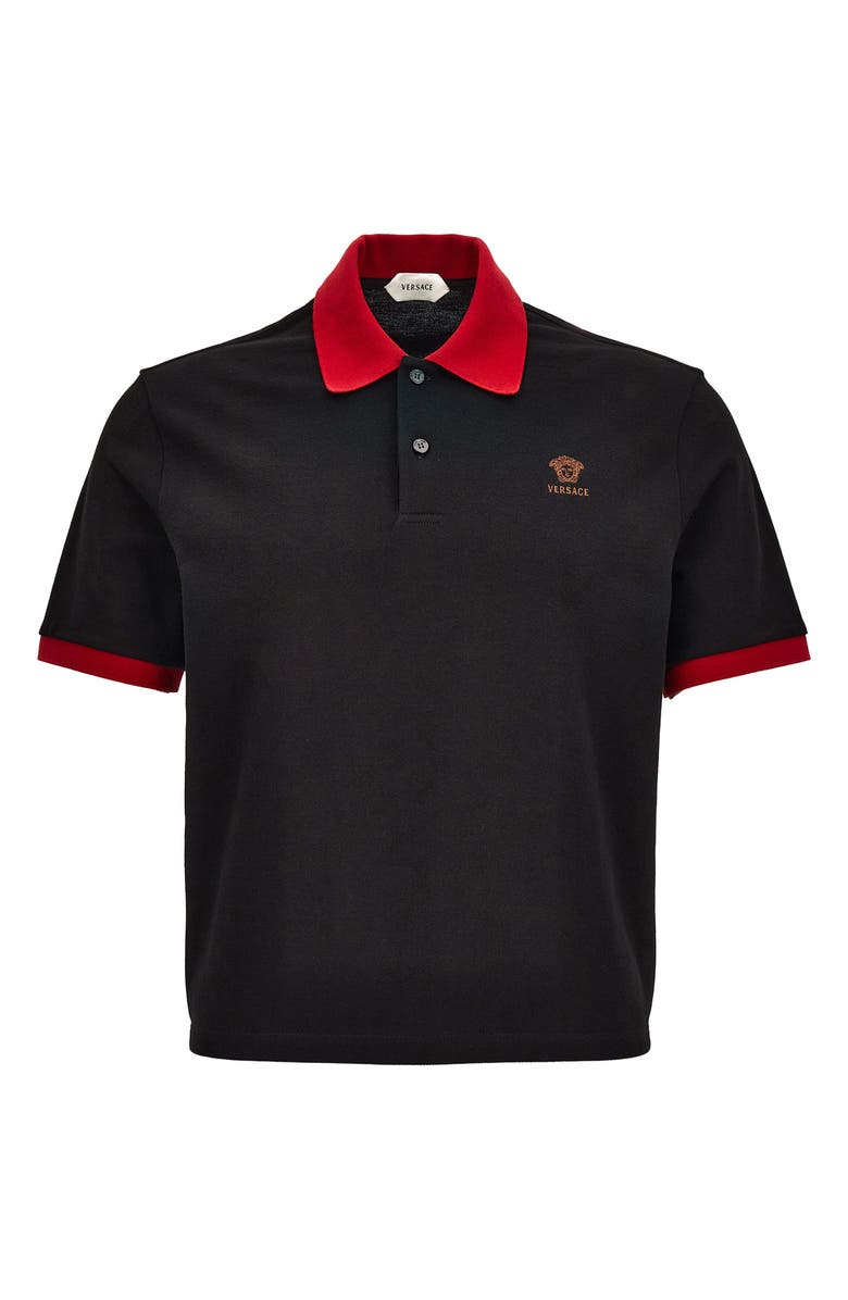 Versace First Line Embroidered Medusa Cotton Piqué Polo, Main, color, Black Lipstick Red