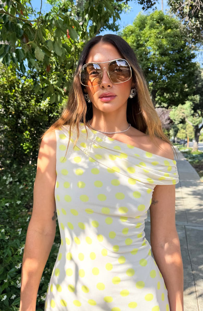 AFRM Holden Yellow Polka Dot One-Shoulder Mesh Midi Dress, Alternate, color, Sun Dot