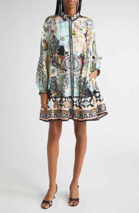 Folk Afloat Tiered Long Sleeve Silk Shirtdress