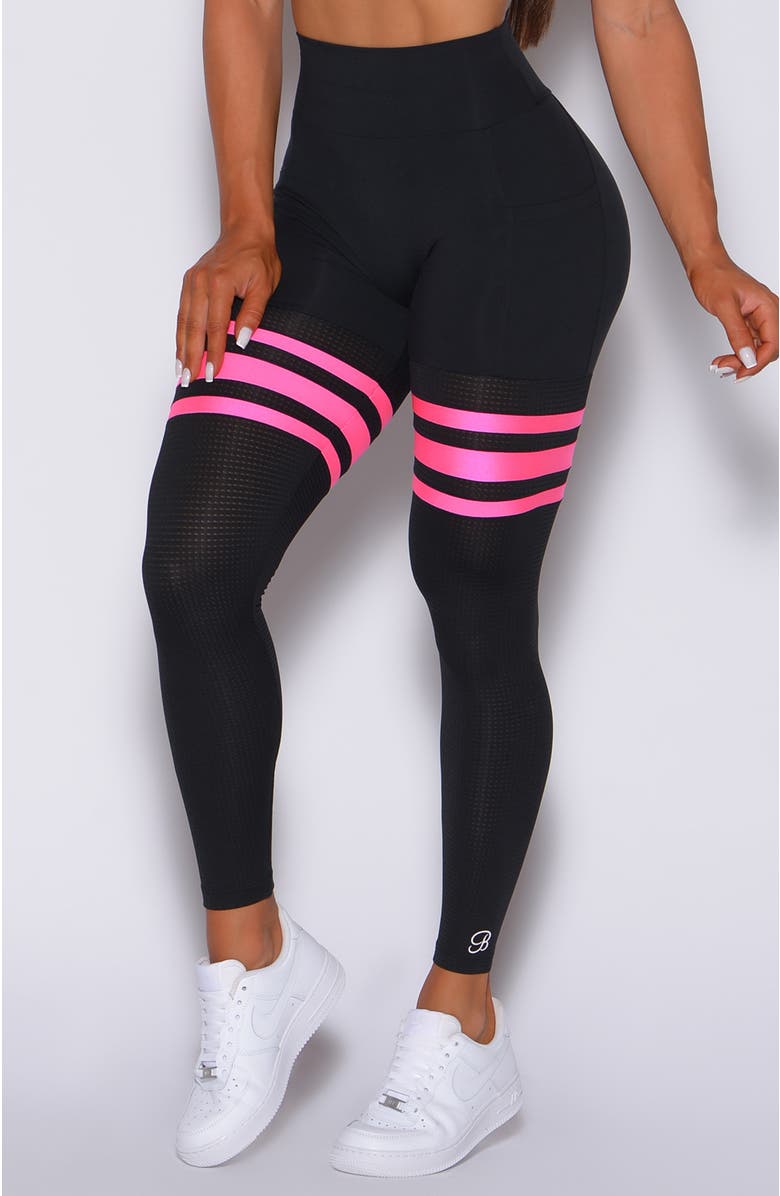Bombshell Sportswear Scrunch Thigh Highs, Main, color, Black & Neon Pink