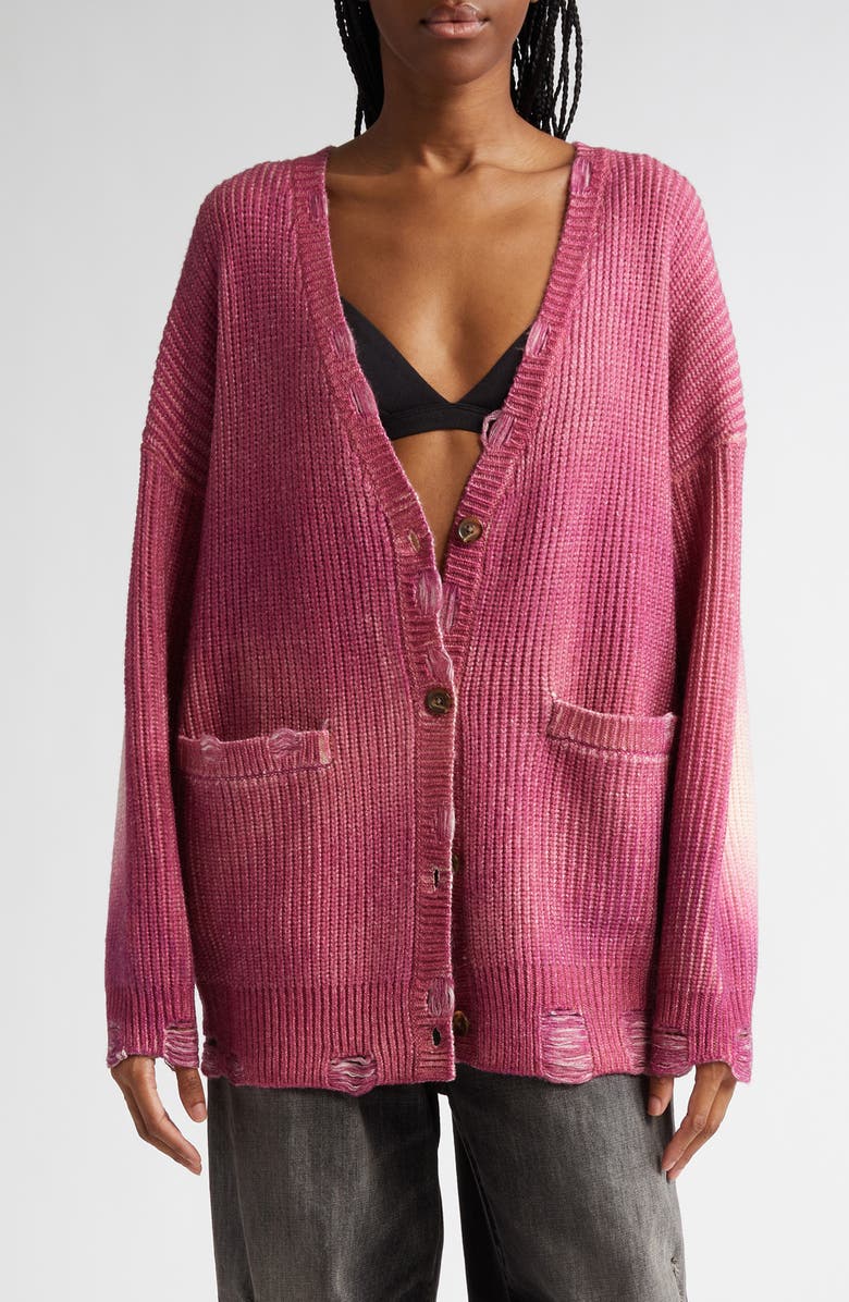 R13 Ripped Oversize Merino Wool Cardigan, Main, color, Raspberry Print