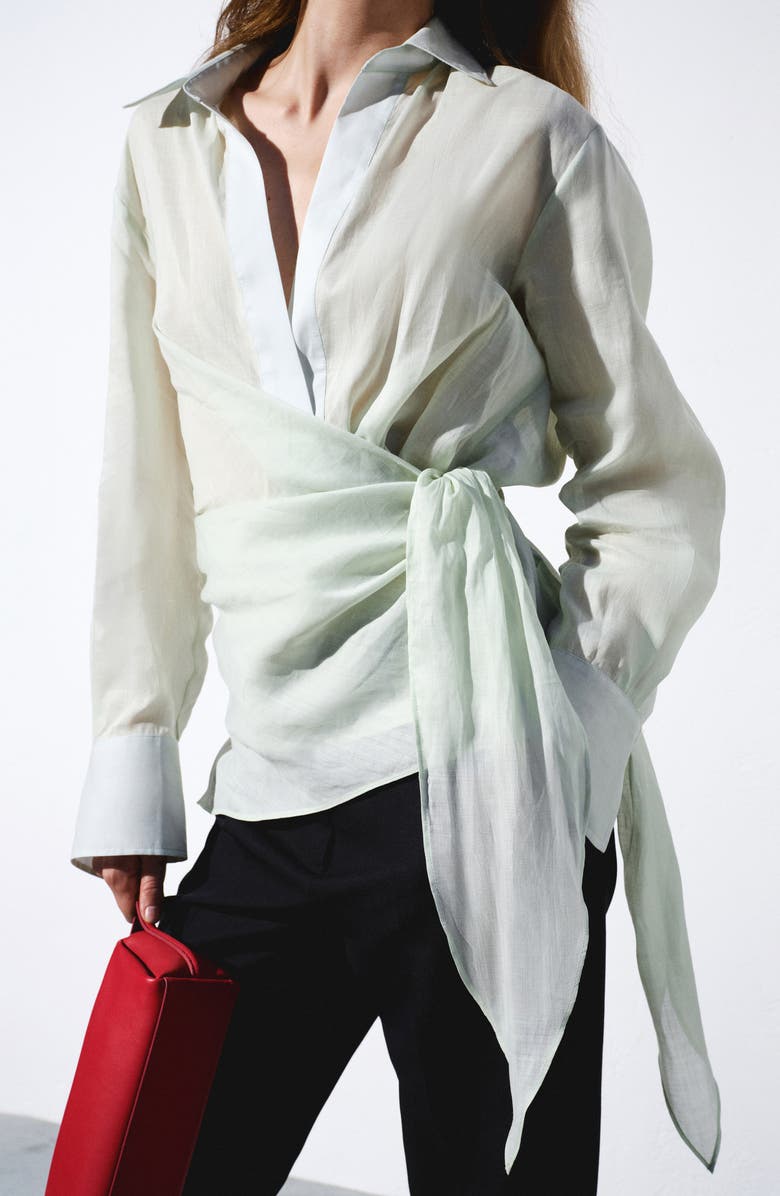 MANGO Faux Wrap Woven Shirt, Alternate, color, Green