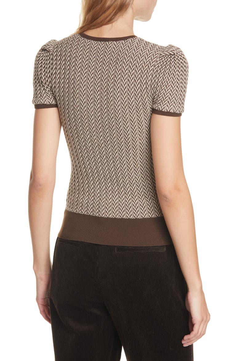 Herringbone Puff Sleeve Merino Wool Sweater, Alternate, color, BROWN/ CREAM