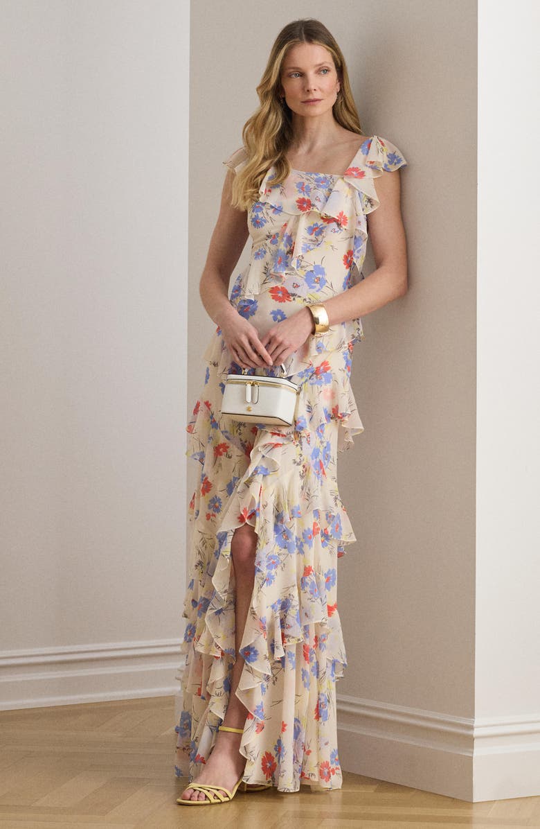 Lauren Ralph Lauren Floral Ruffle Detail Georgette Gown, Alternate, color, Creamy White/ Multi