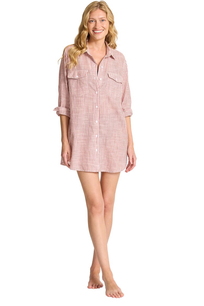 Shoreline Stripe Cotton Cover-Up Shirtdress, Alternate, color, DEEP SIENNA