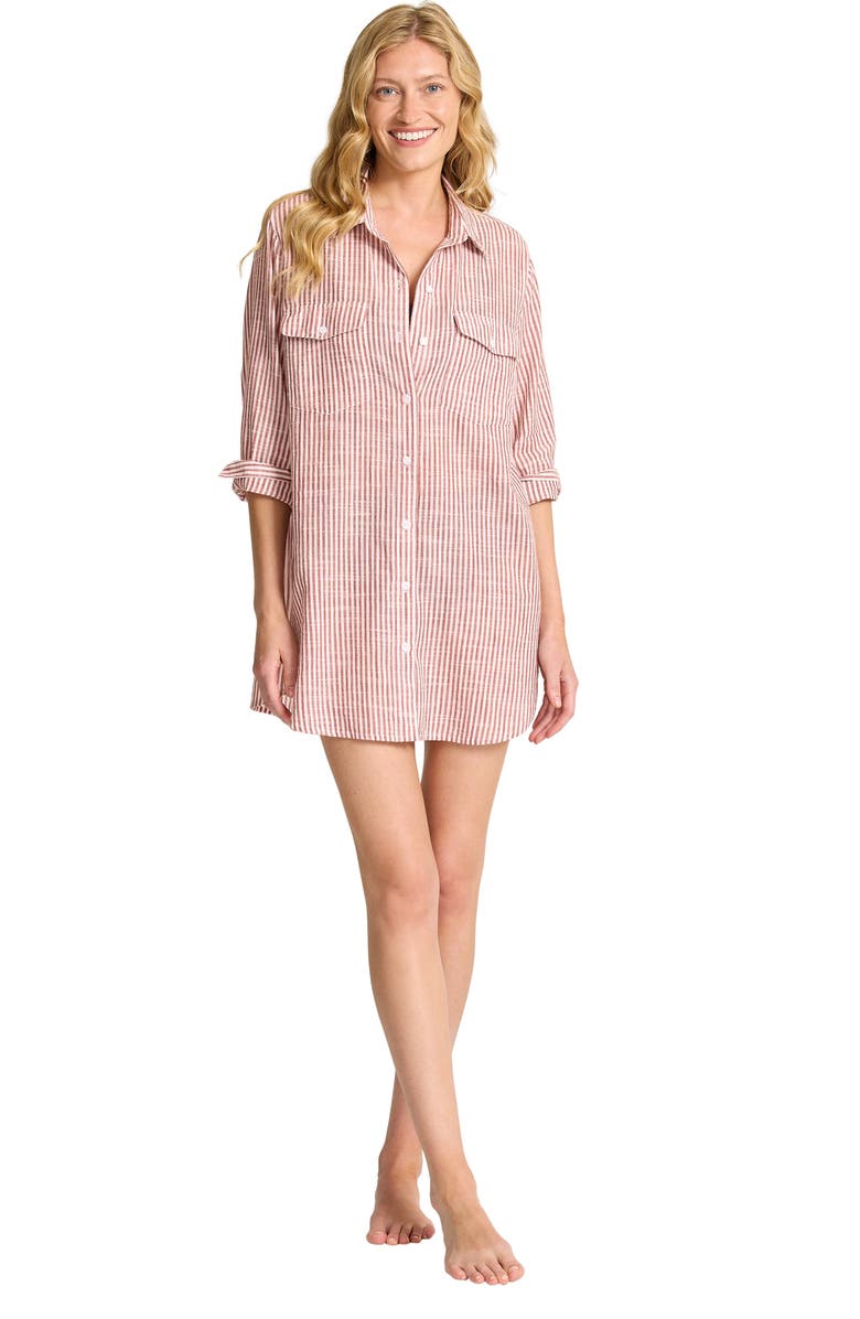 Tommy Bahama Shoreline Stripe Cotton Cover-Up Shirtdress, Alternate, color, Deep Sienna