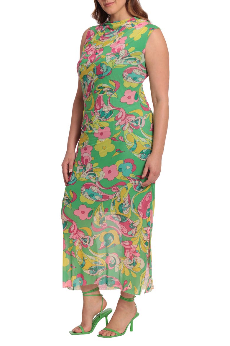 Floral Shirred Midi Dress, Alternate, color, ABSINTHE GREEN/ PINK