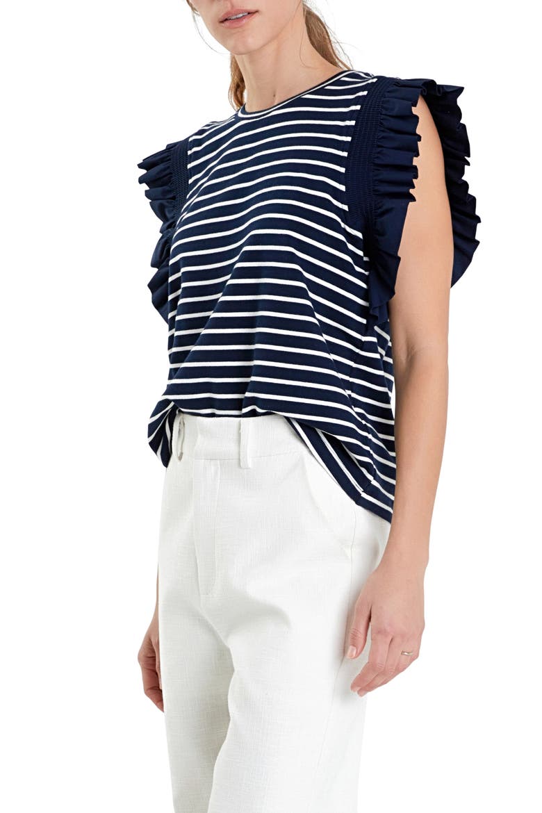 Stripe Flutter Sleeve T-Shirt, Alternate, color, NAVY/ WHITE