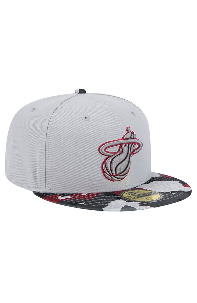 New Era Men's New Era Gray Miami Heat Active Color Camo Visor 59FIFTY Fitted Hat, Alternate, color, 