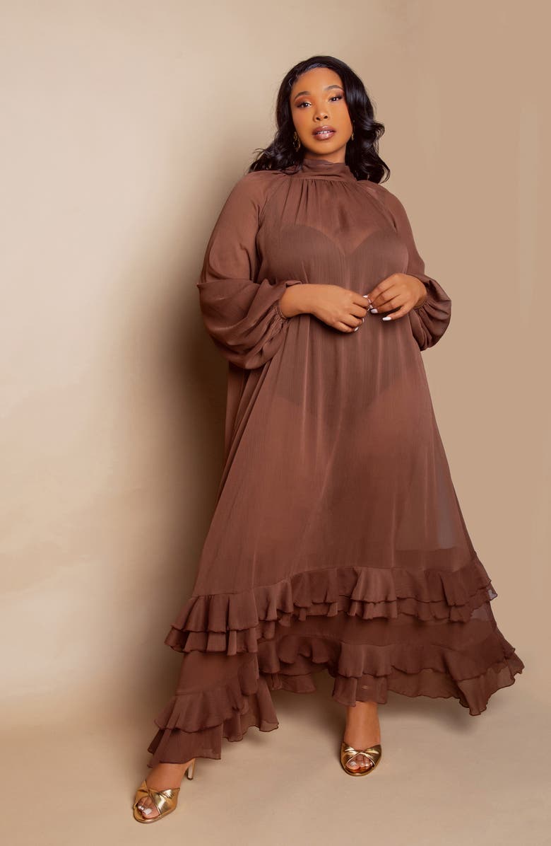 BUXOM COUTURE Tiered Tie Neck Ruffle Gown, Alternate, color, Brown