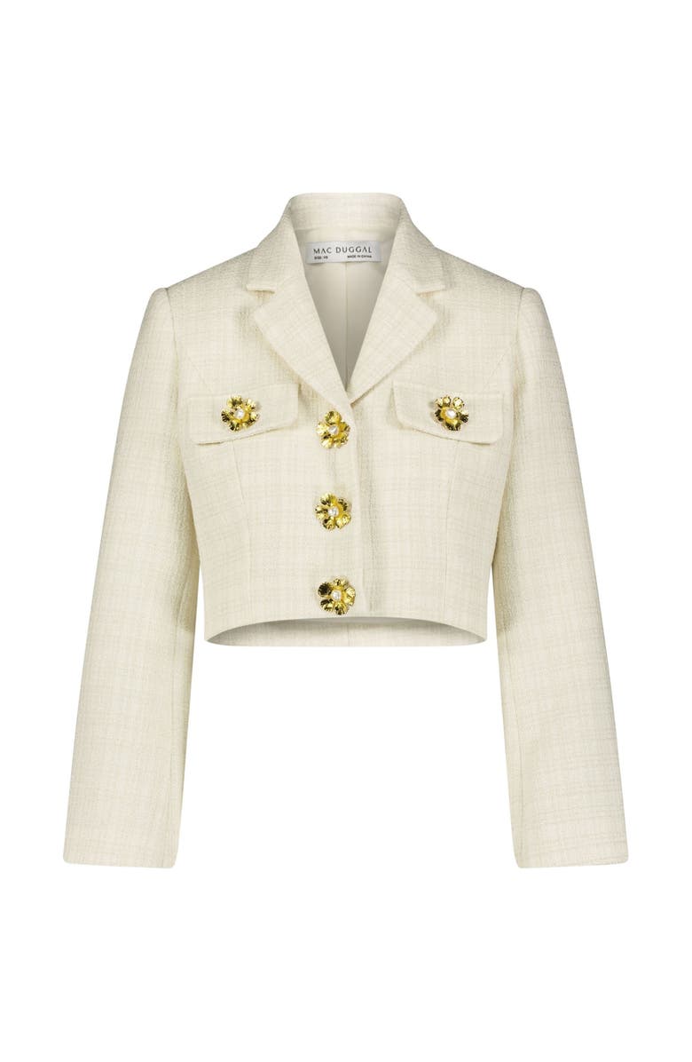 Mac Duggal Cropped Tweed Floral Button Jacket, Alternate, color, 