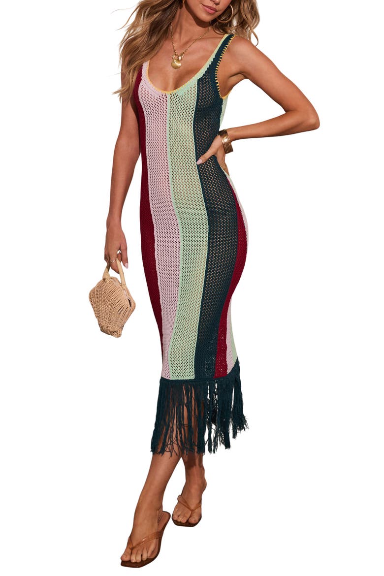 Marrion Stripe Open Stitch Fringe Midi Dress, Alternate, color, MULTI