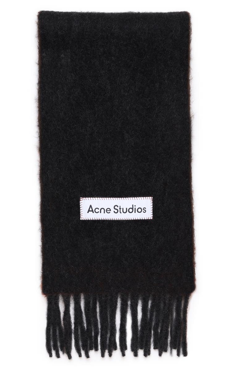Acne Studios Winter Vally Logo Embroidered Alpaca Blend Fringe Scarf, Alternate, color, Black