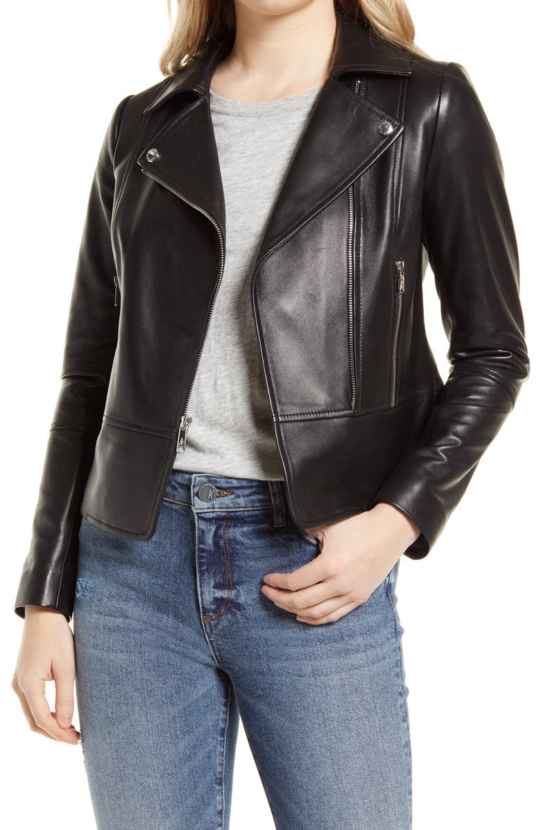 Sam Edelman Peplum Lambskin Leather Moto Jacket, Main, color, 