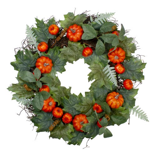 Northlight 24in Maple & Fern Leaves With Pumpkins Artificial Wreath In Multi