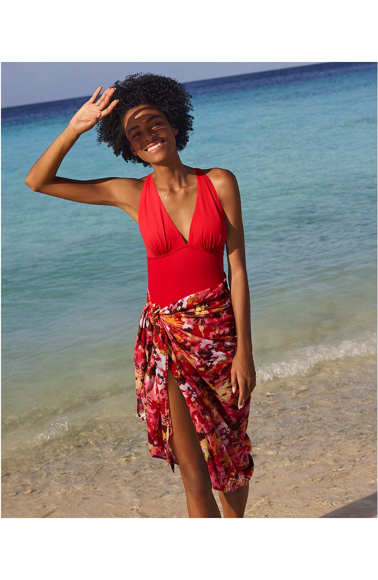 Lands' End SlenderSuit Halter Ruched Plunge High Leg One Piece Swimsuit, Alternate, color, Daylily Red