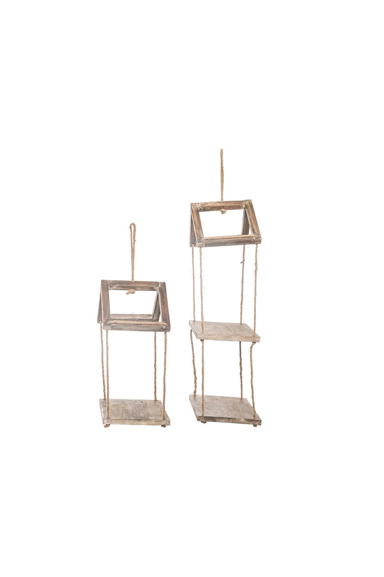 Wood 23.75" Brown Spring Tiered Hanging House Shelf Set of 2, Decorative Wall Shelves, Wood, Brown, Indoor Use, Alternate, color, Brown