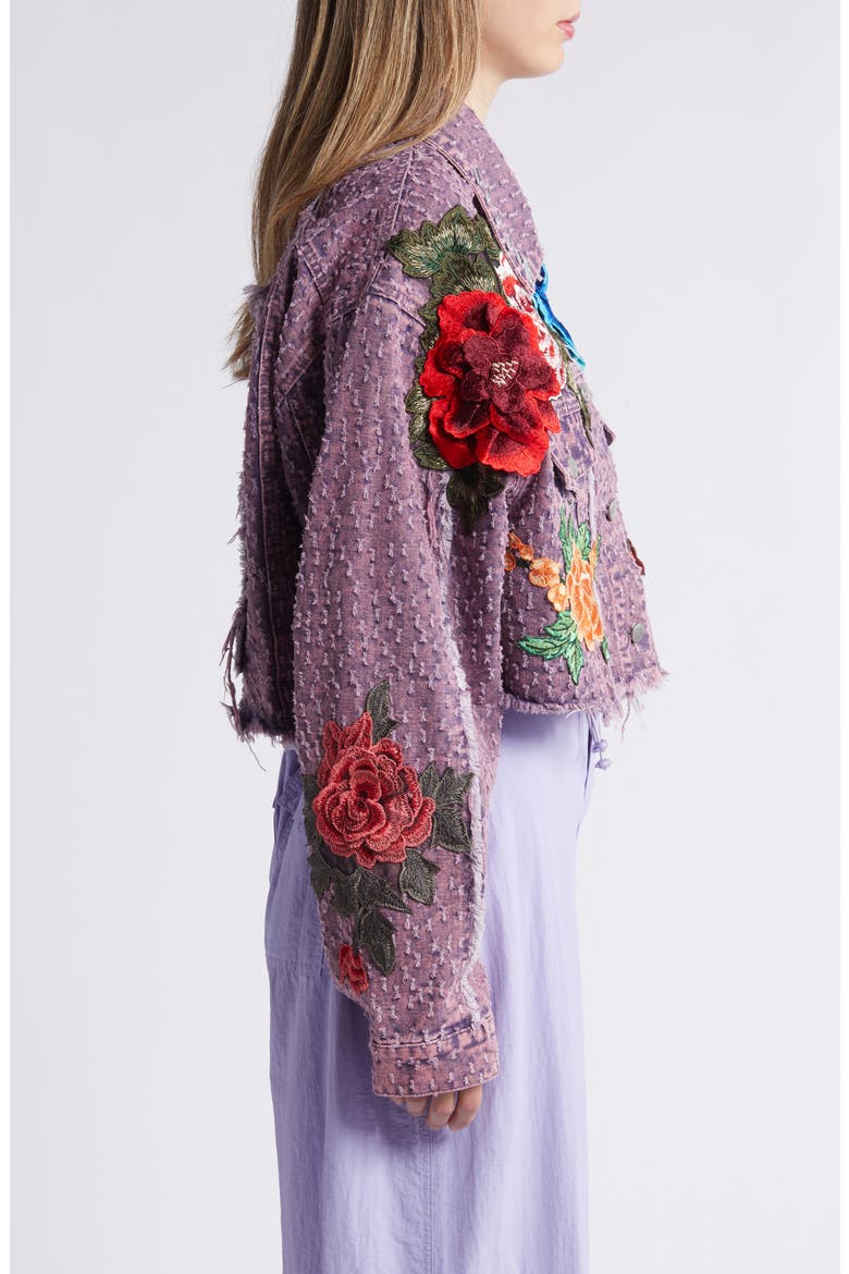 Bloom Floral Appliqué Texture Denim Jacket, Alternate, color, PURPLE