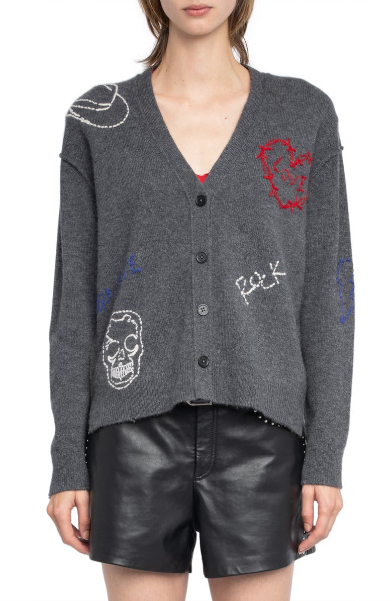 Zadig & Voltaire Mirkaz West Graph Embroidered Cashmere Cardigan, Main, color, Anthracite