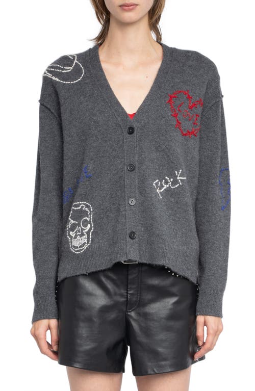 Zadig & Voltaire Mirkaz West Graph Embroidered Cashmere Cardigan In Gray