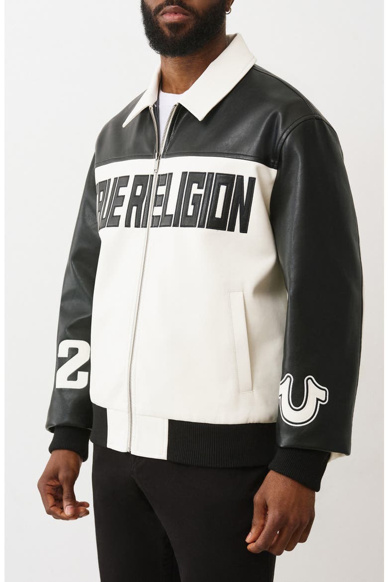 Faux Leather Racing Jacket, Alternate, color, JET BLACK / WINTER WHITE