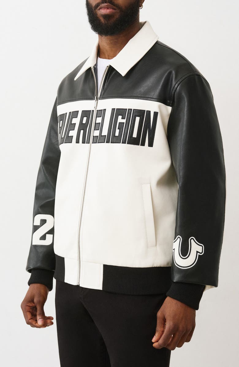 True Religion Faux Leather Racing Jacket, Alternate, color, Jet Black / Winter White
