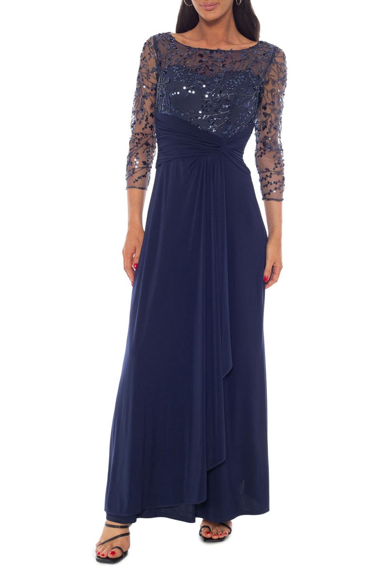 Oleg Cassini Beaded Illusion Neck Gown, Main, color, Navy