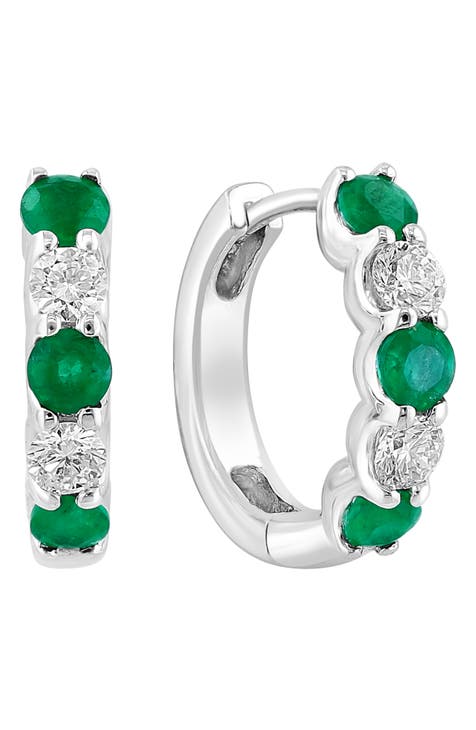 14K White Gold Diamond & Emerald Huggie Hoop Earrings