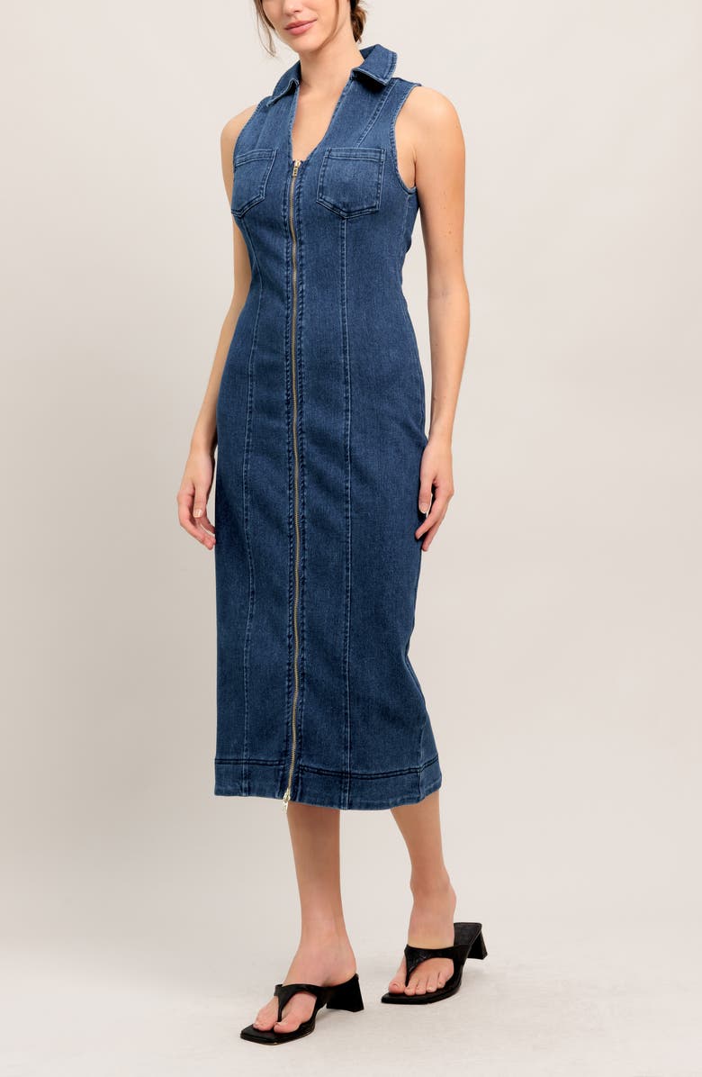 FLYING TOMATO Sleeveless Denim Midi Dress, Alternate, color, Medium Indigo