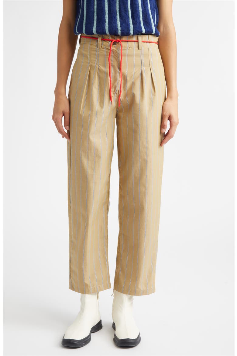 Shoelace Stripe Pleated Organic Cotton Straight Leg Pants, Main, color, MUD BROWN