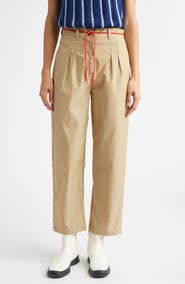 KÚR Shoelace Stripe Pleated Organic Cotton Straight Leg Pants