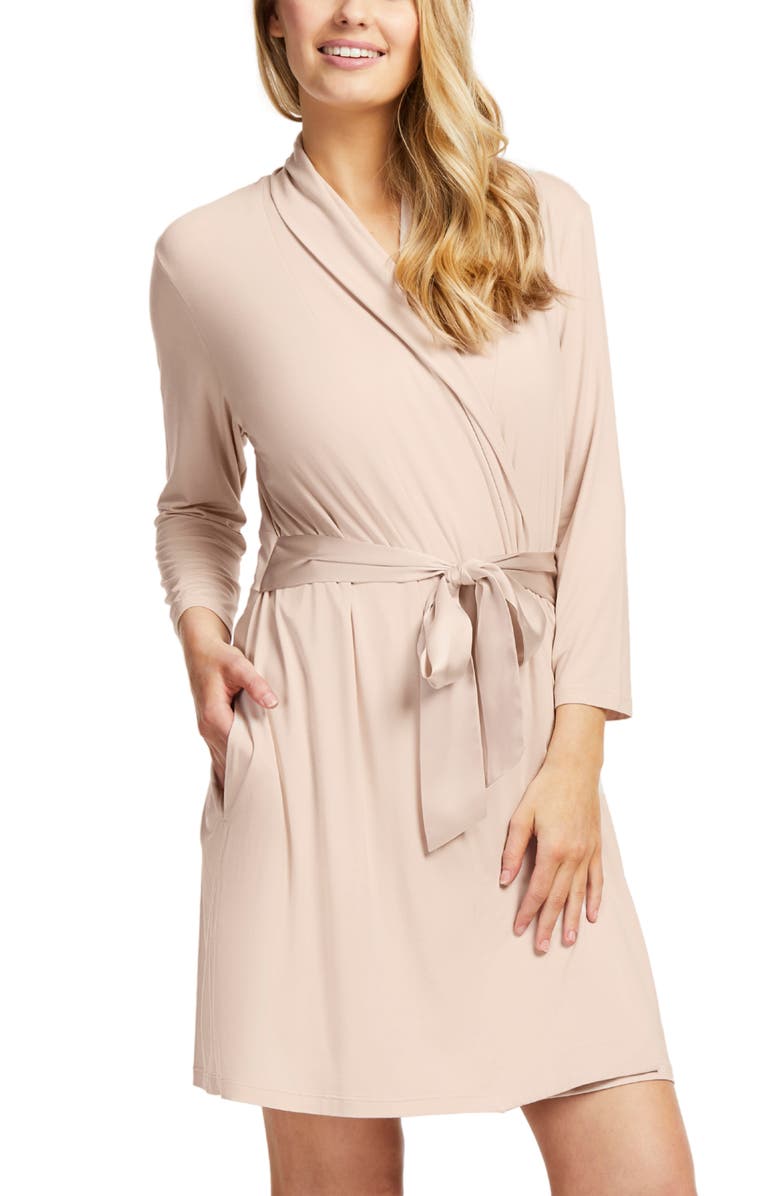 Fleur't Iconic Short Knit Robe with Satin Tie, Main, color, 