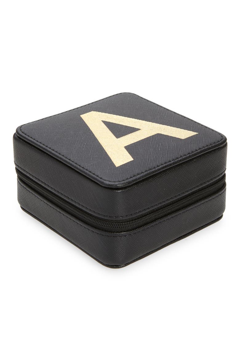 Initial Zip Square Jewelry Box, Main, color, A- BLACK- GOLD