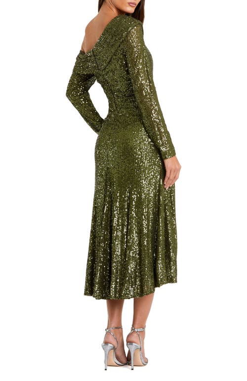 Mac Duggal One Shoulder Sequin Long Sleeve Midi Dress In Green