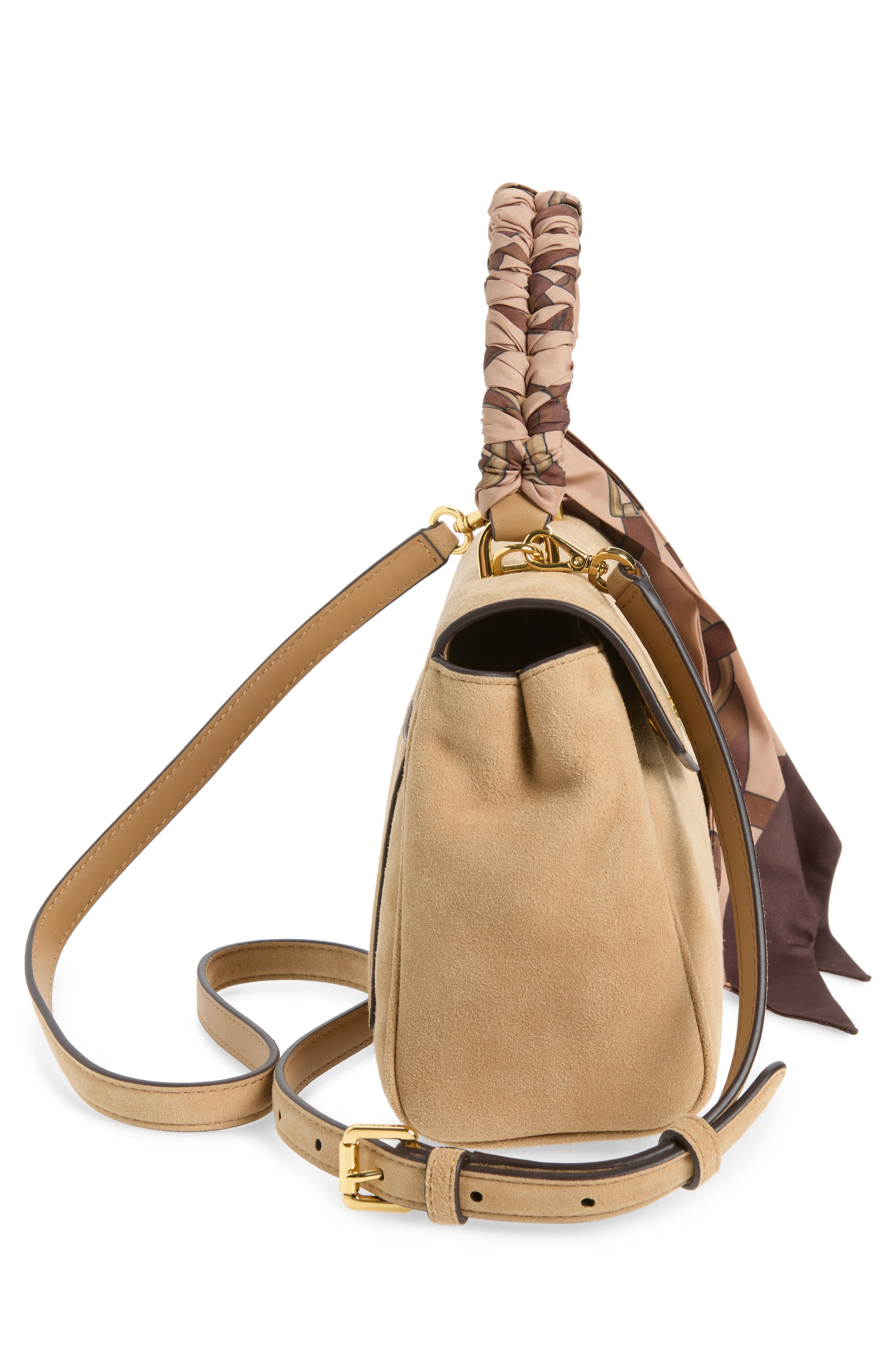 Small Farrah Scarf Wrapped Suede Satchel, Alternate, color, CAMEL/ URBAN BLTNG/ CAMEL