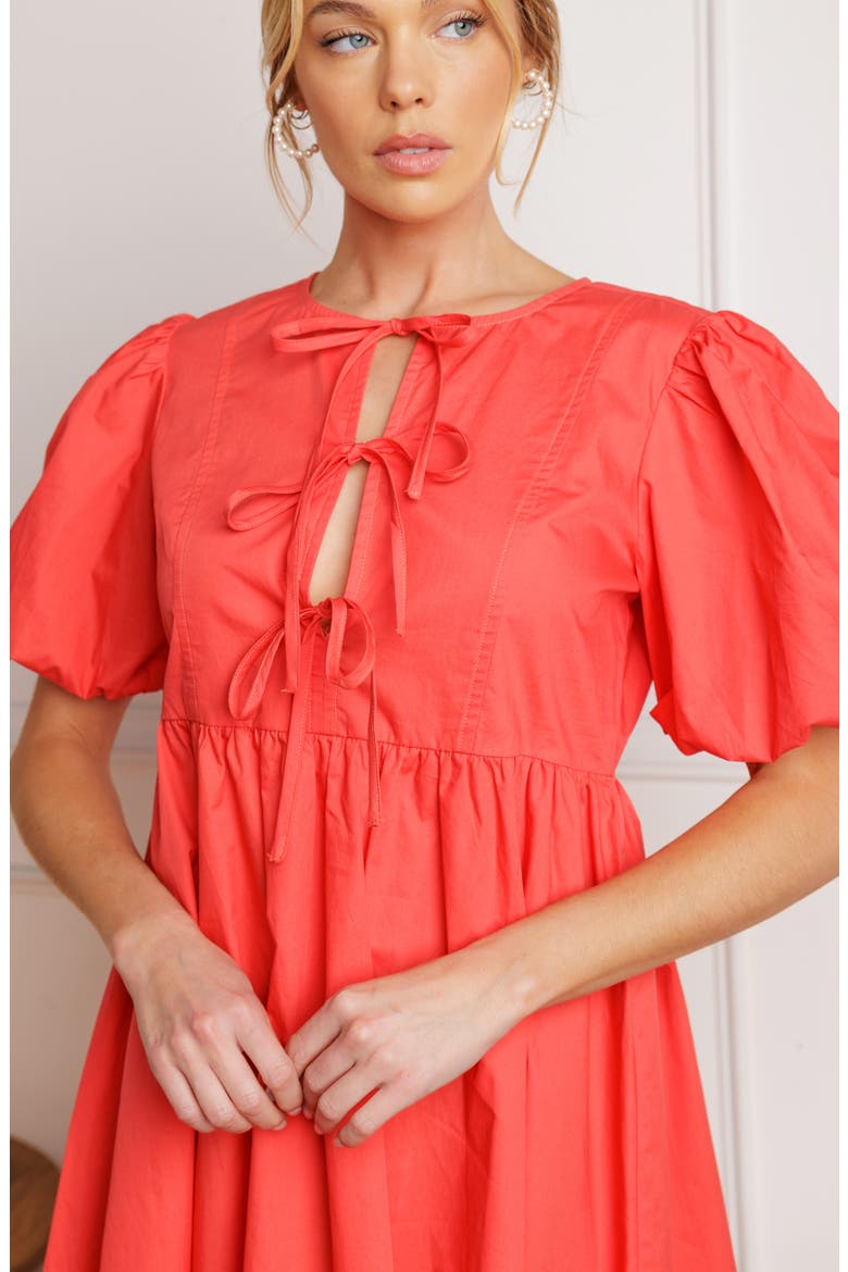 Tie Front Short Sleeve Babydoll Minidress, Alternate, color, CORAL RED
