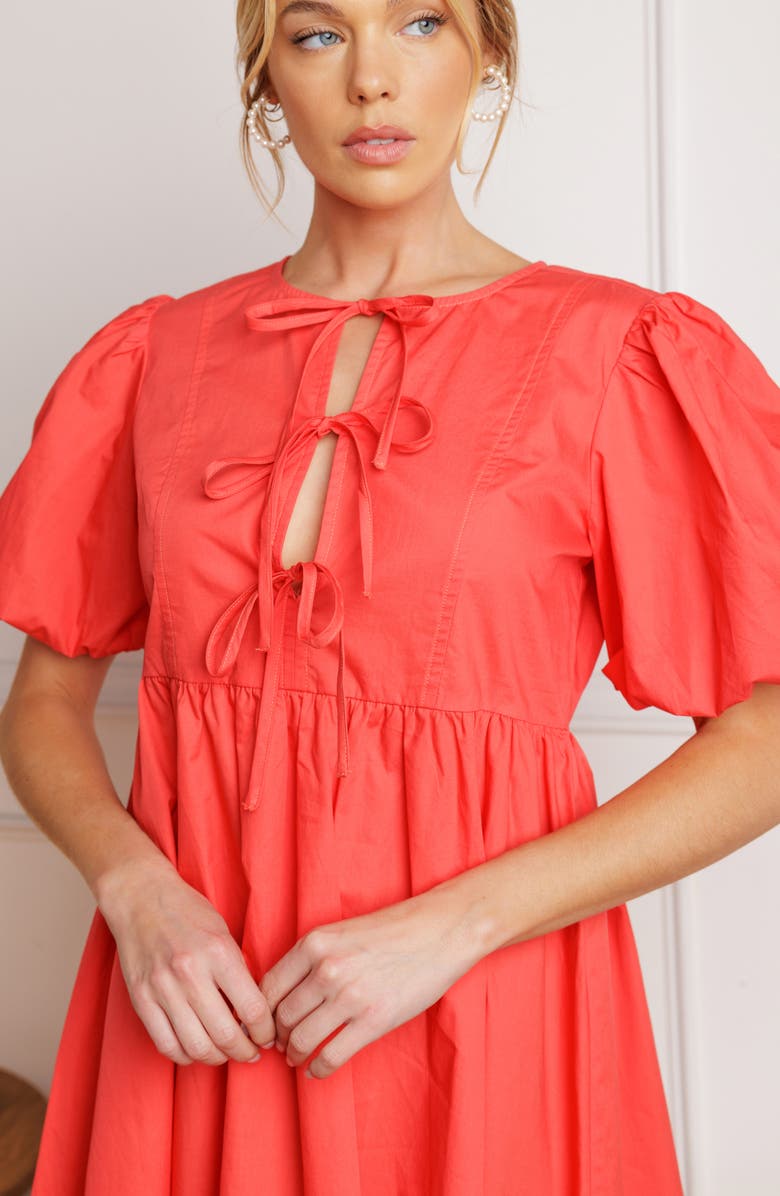 FLYING TOMATO Tie Front Short Sleeve Babydoll Minidress, Alternate, color, Coral Red