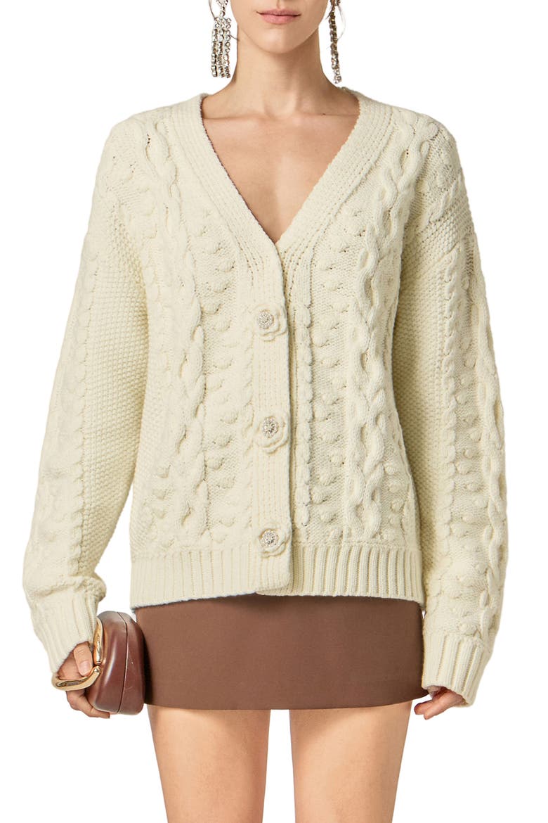 V-Neck Cable Cardigan with Floral Buttons, Main, color, OFF WHITE