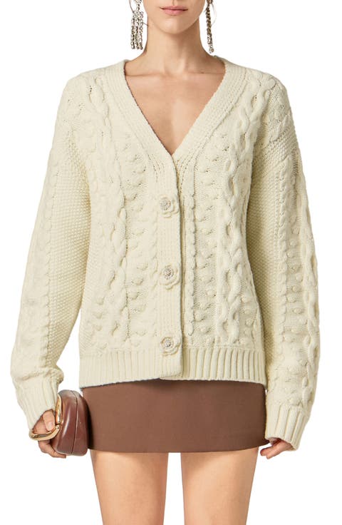 V-Neck Cable Cardigan with Floral Buttons