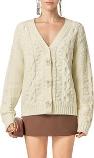 English Factory V-Neck Cable Cardigan with Floral Buttons