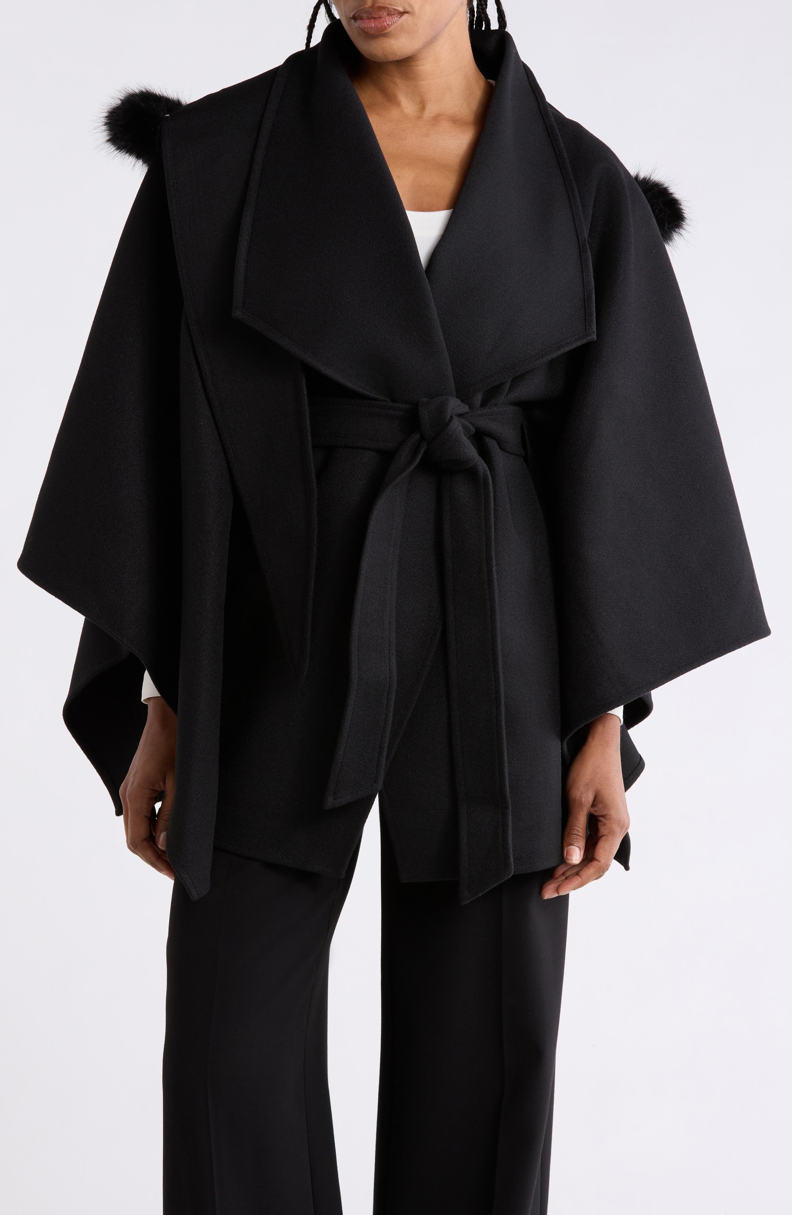 Faux Fur Pom-Pom Hooded Cape