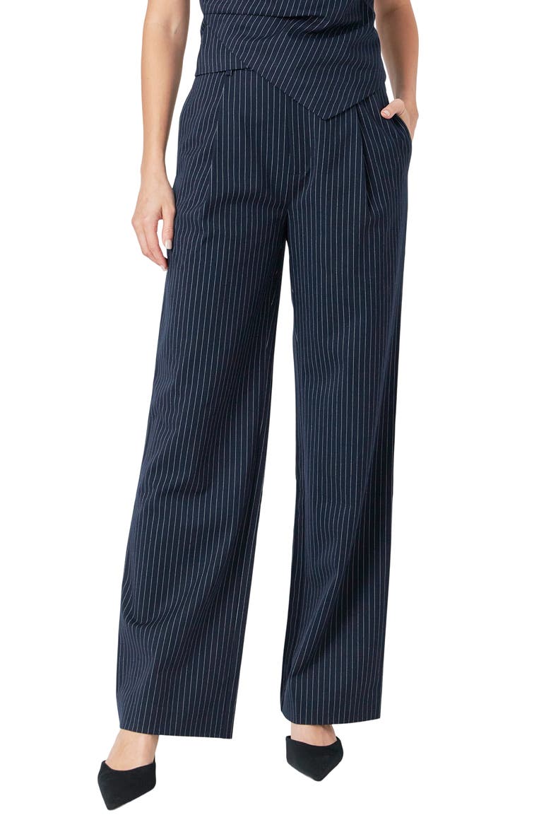 Stripe Pleat High Waist Pants, Main, color, NAVY