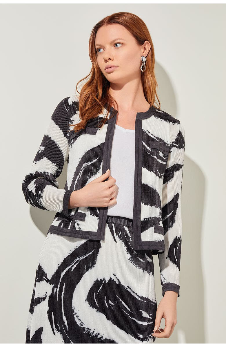 Ming Wang Abstract Brushstroke Crepe de Chine Jacket, Main, color, Black/White