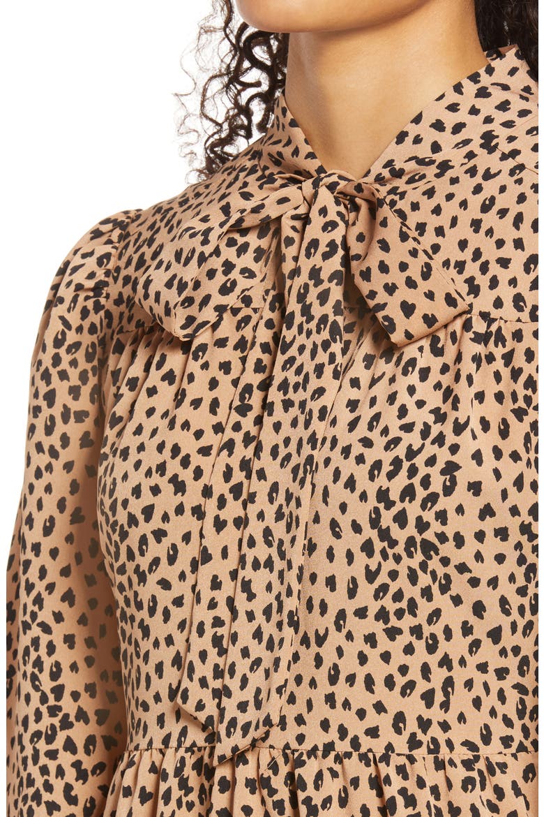 Tie Neck Tiered Long Sleeve Dress, Alternate, color, TAN SAFARI ANIMAL PRINT