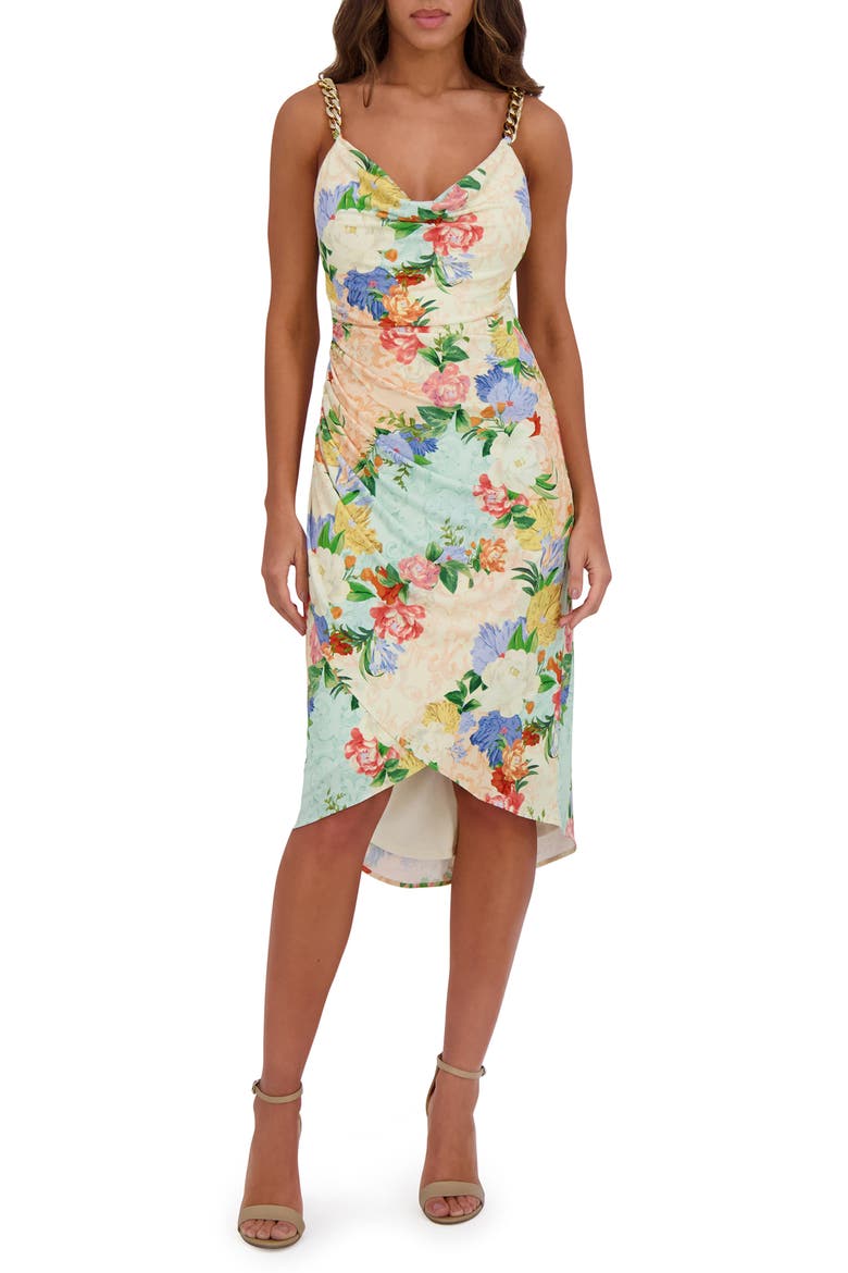 Floral Chain Strap Ruched Body-Con Dress, Main, color, BEIGE MULTI