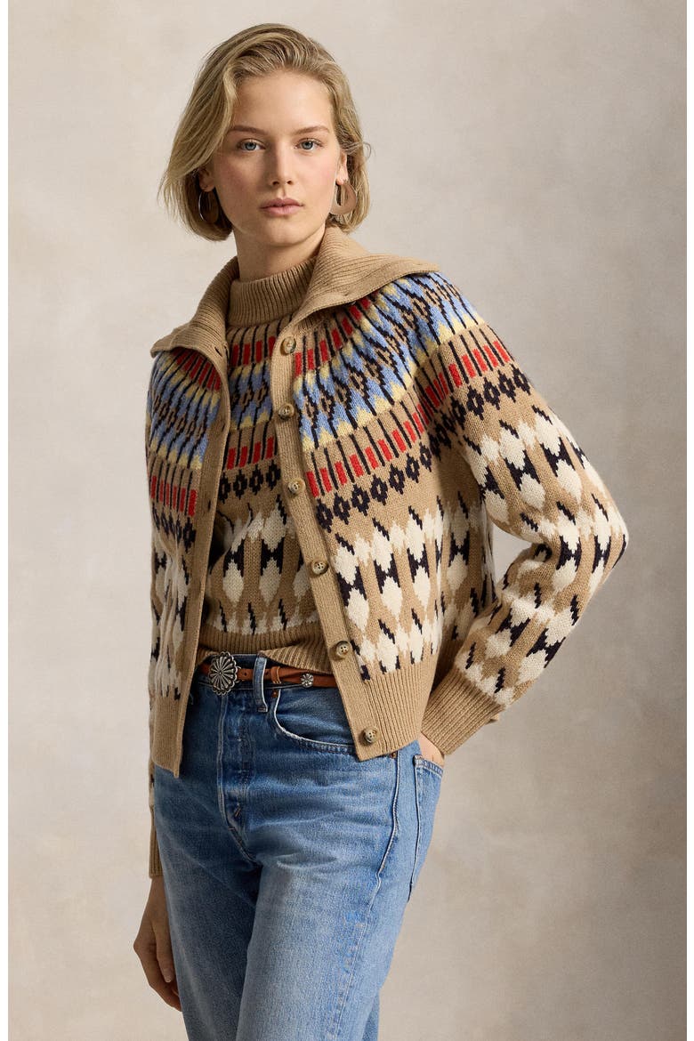 Fair Isle Wool & Cashmere Cardigan, Alternate, color, CAMEL MULTI