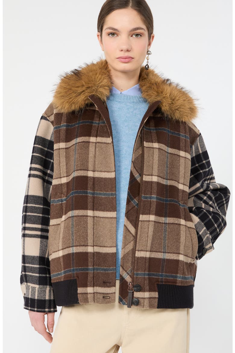Divina Virgin Wool Short Jacket with Faux Fur Collar, Alternate, color, BROWN