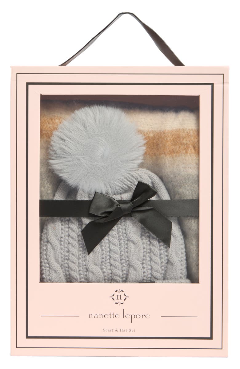 Nanette Lepore Faux Fur Pompom Beanie & Scarf Set, Alternate, color, Grey