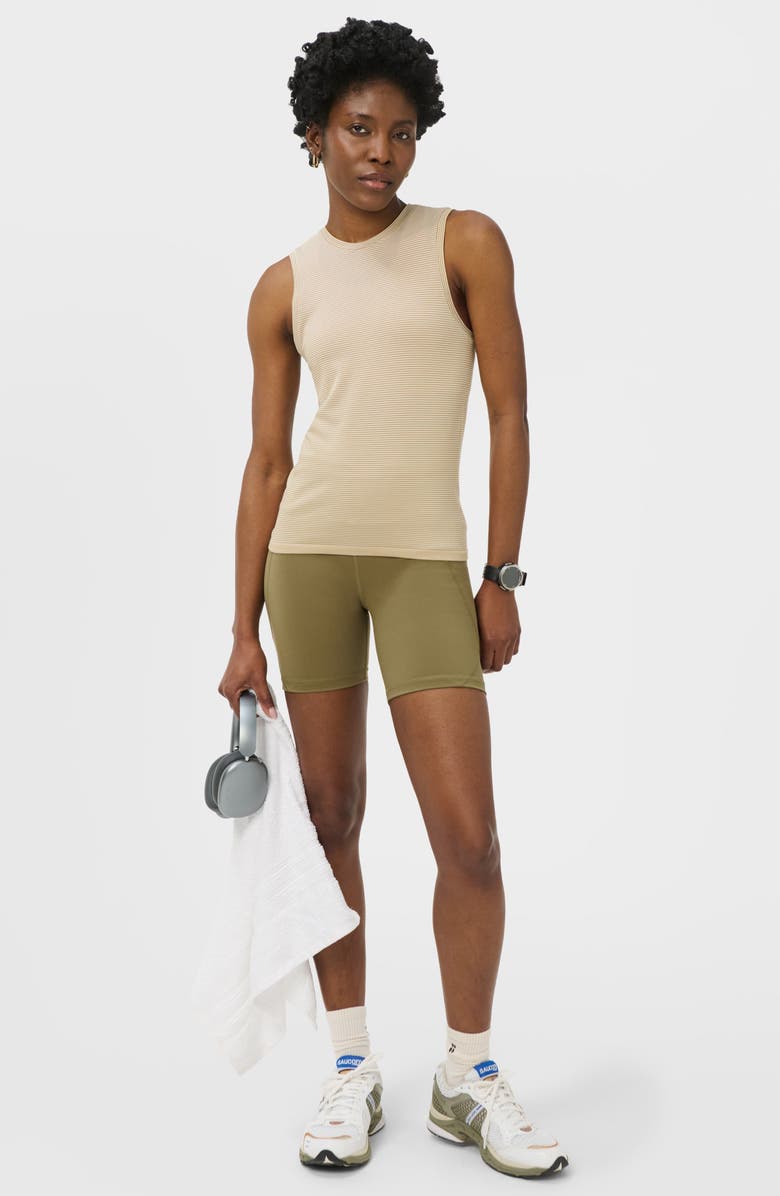 Sweaty Betty Athlete Mid Length Striped Performance Tank, Alternate, color, Beige Drop Needle Stripe