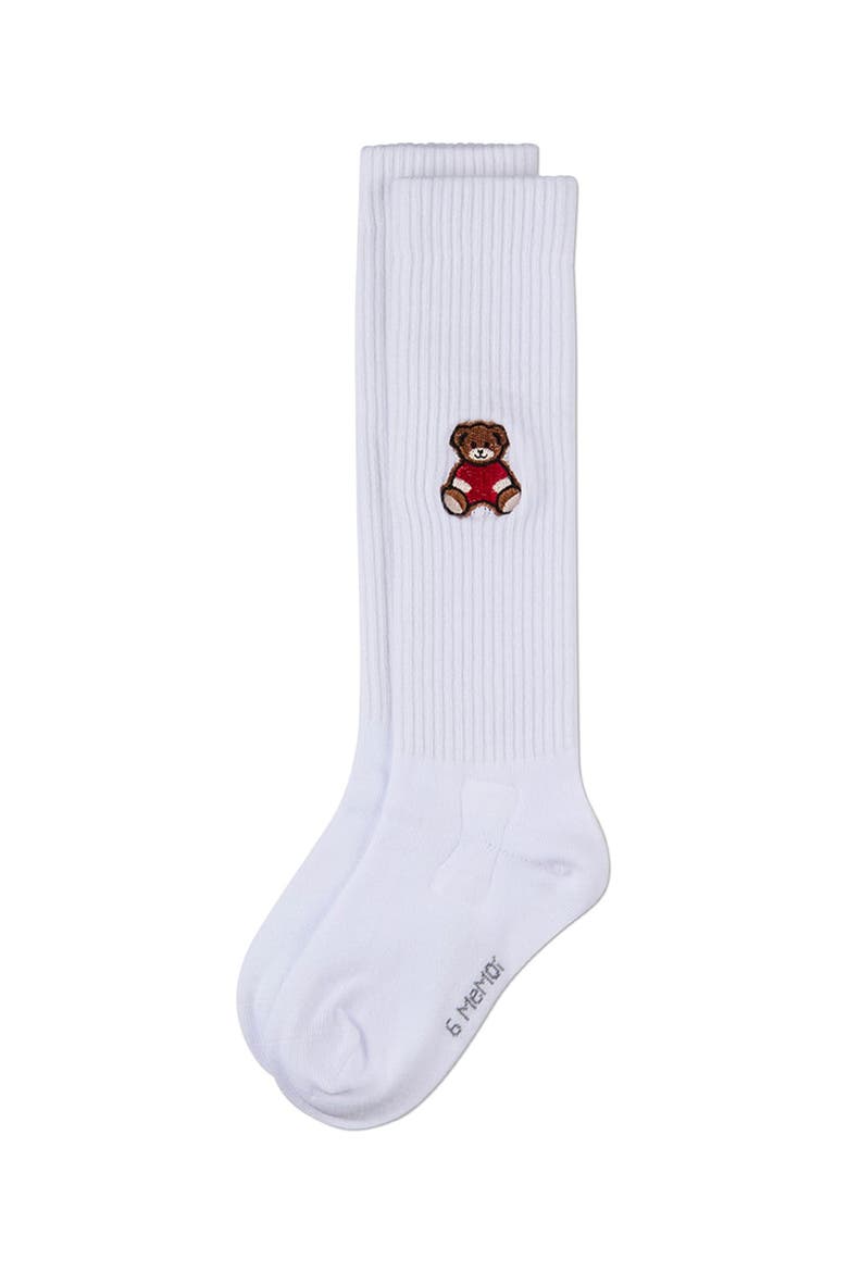 Ribbed Knee High Sock with Embroidered Teddy Bear, Alternate, color, White